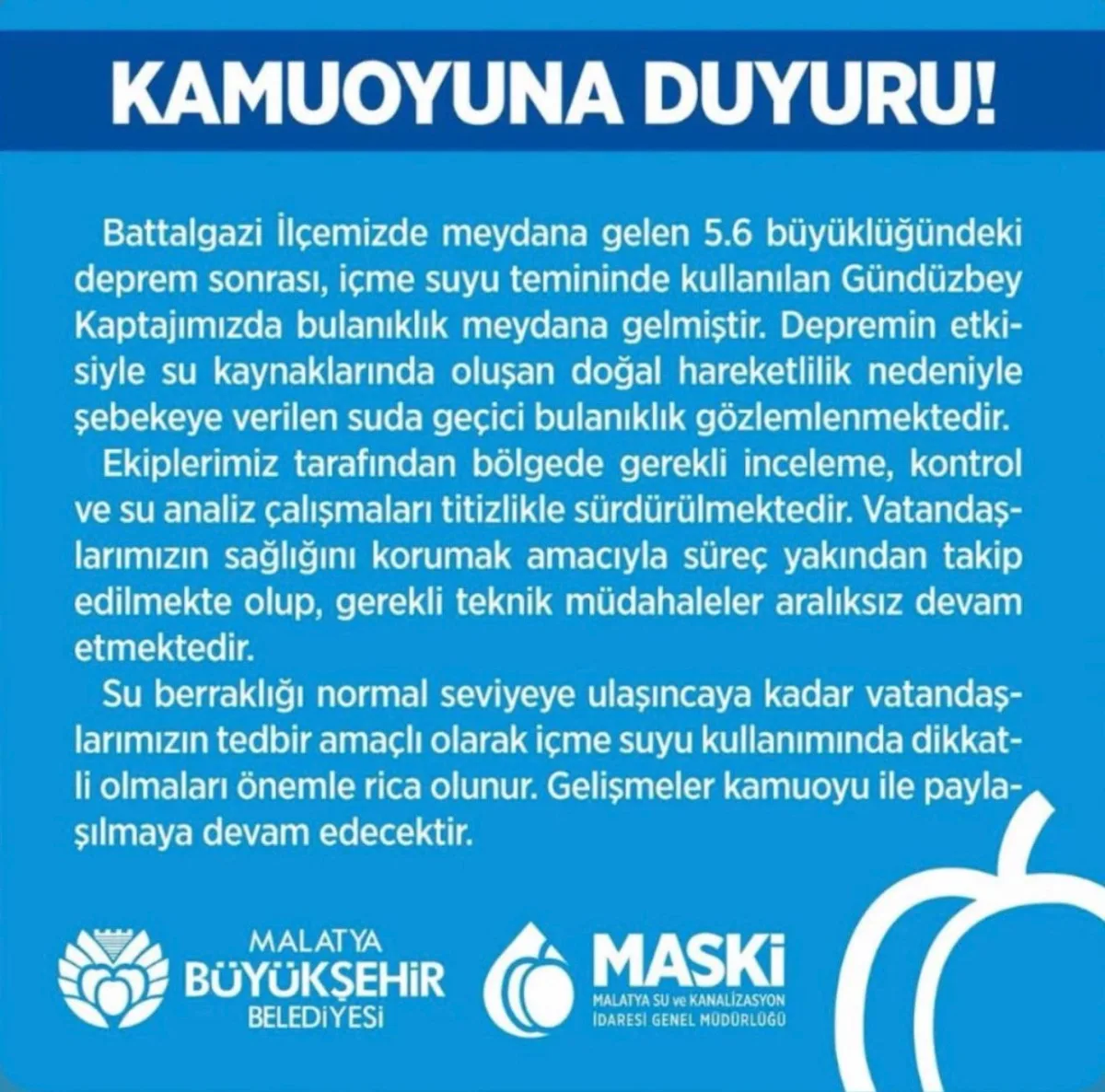 Battalgazi’de Deprem Sonrası İçme Suyunda Geçici Bulanıklık